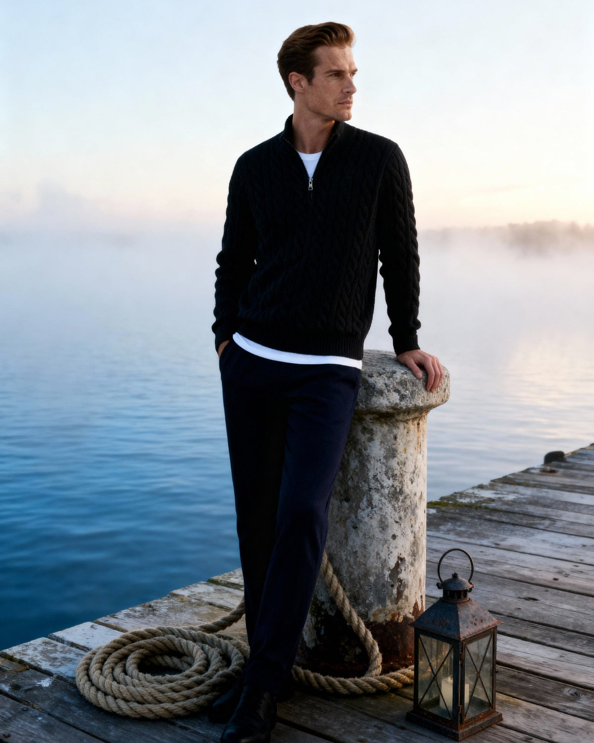 Men's Cable Knit Half-Zip Jumper with Mock Collar