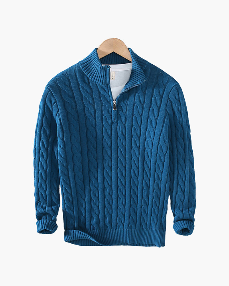 Men's Cable Knit Half-Zip Jumper with Mock Collar - Light Blue