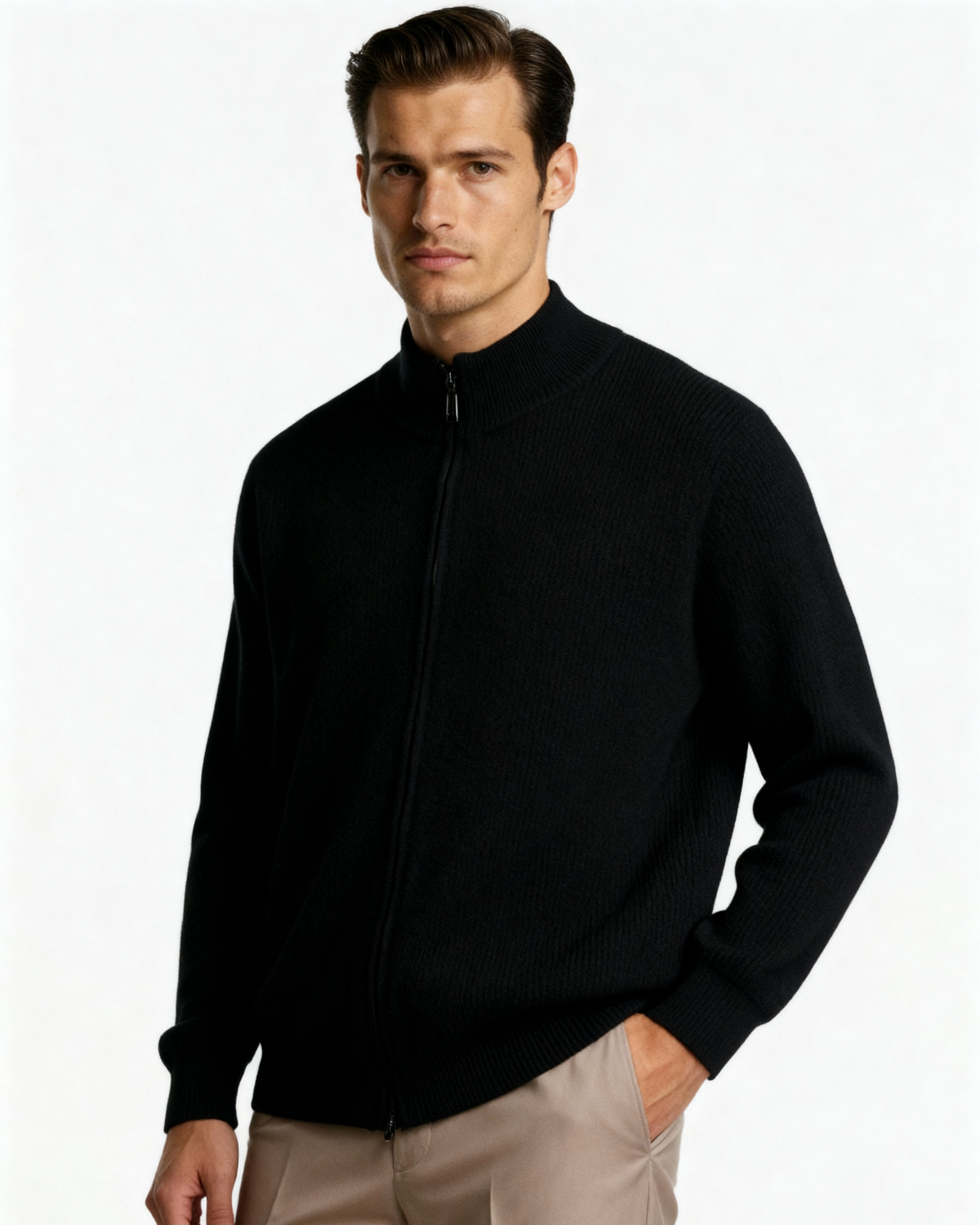 Men's Cashmere Full-Zip Cardigan with Ribbed Stand Collar