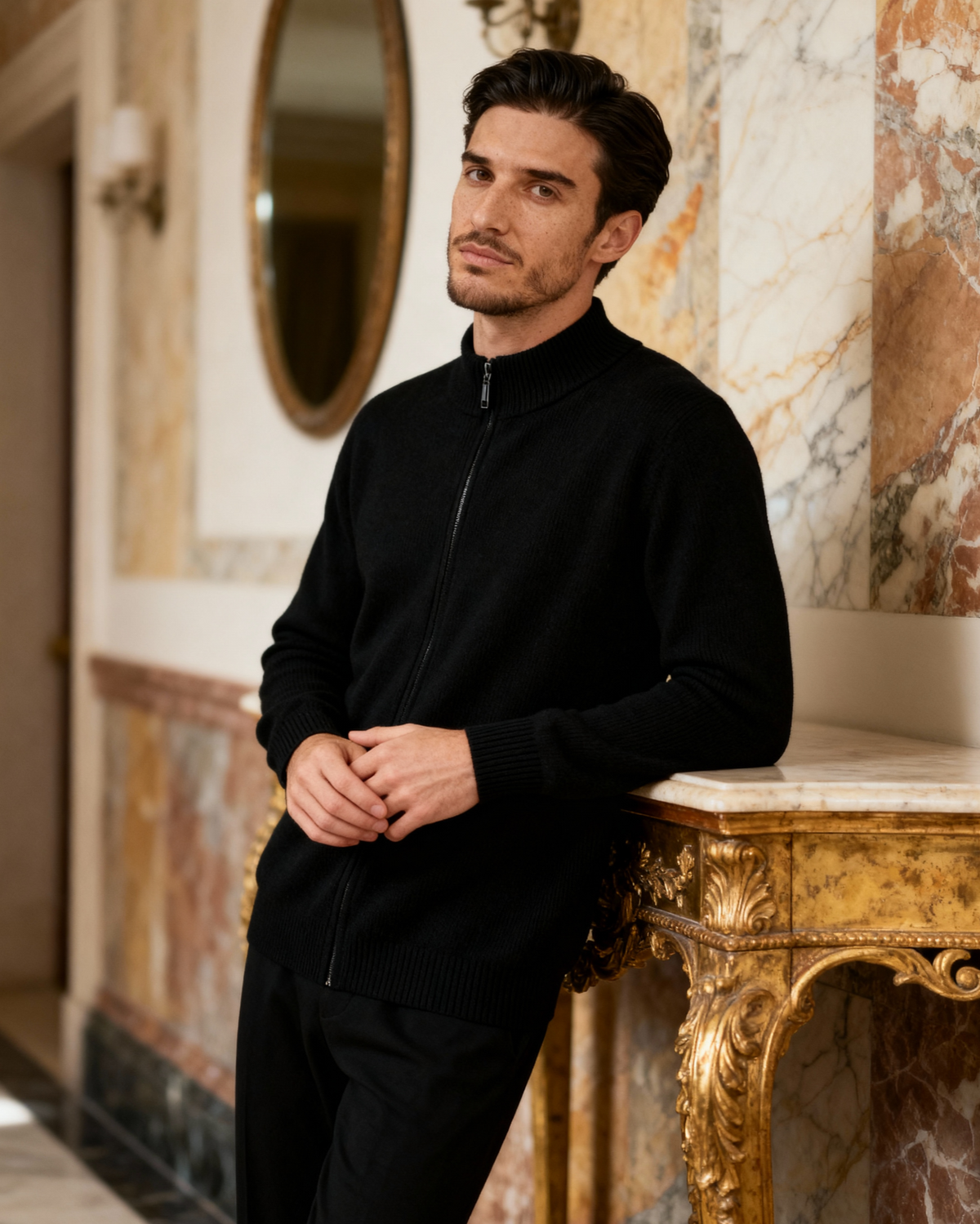 Men's Cashmere Full-Zip Cardigan with Ribbed Stand Collar