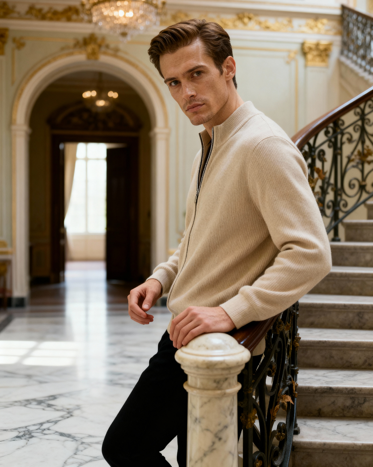 Men's Cashmere Full-Zip Cardigan with Ribbed Stand Collar