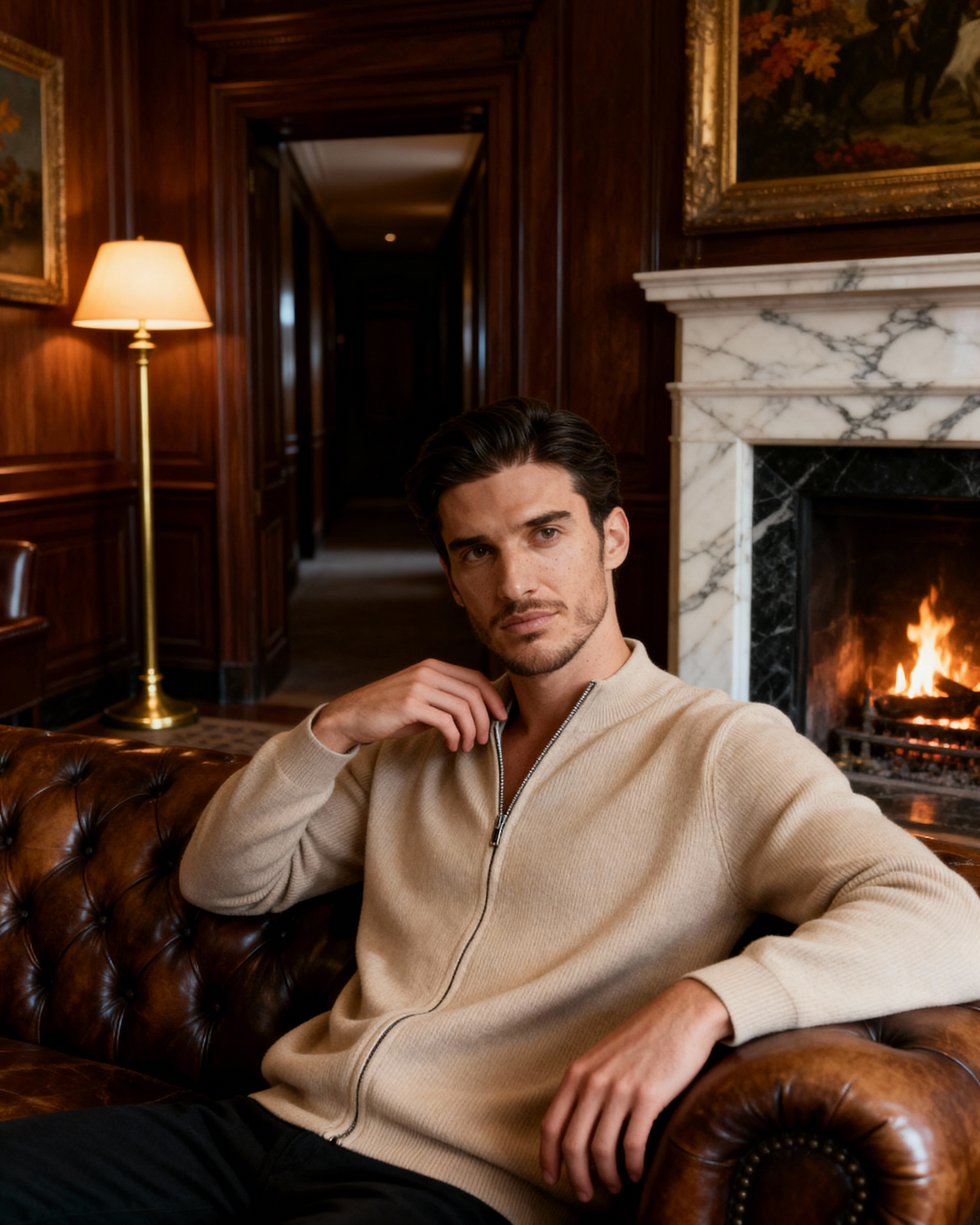 Men's Cashmere Full-Zip Cardigan with Ribbed Stand Collar