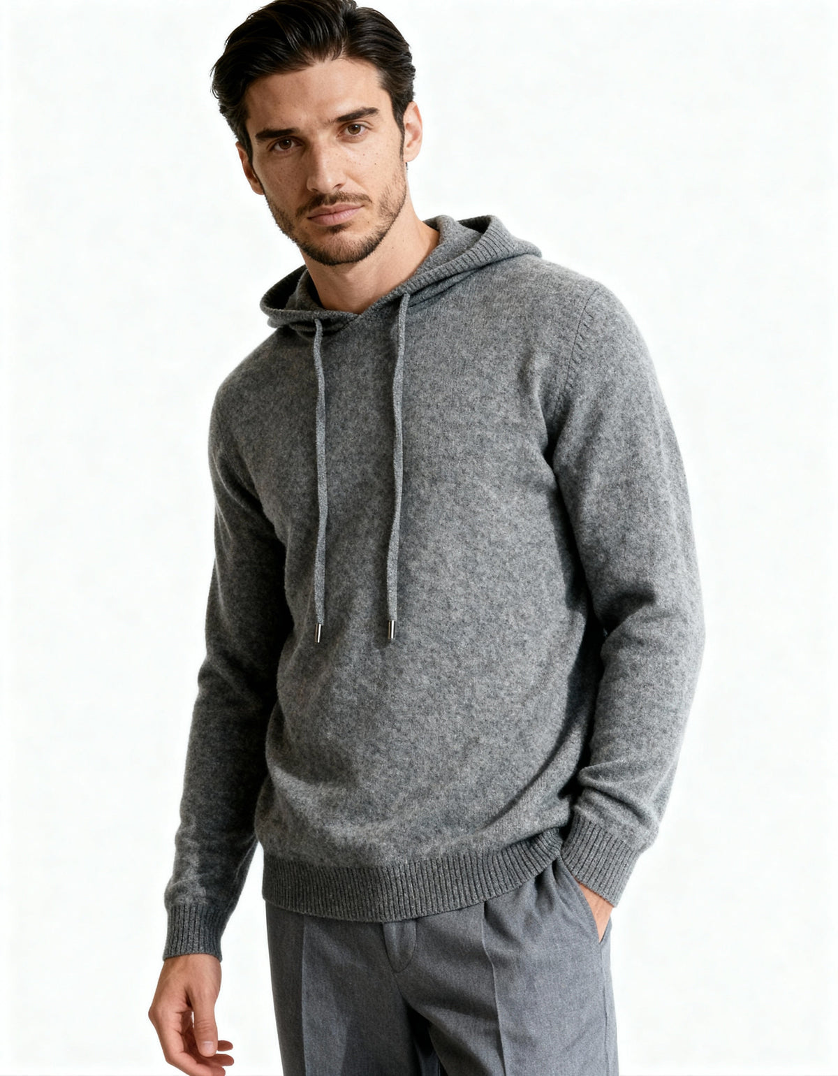 Men's Cashmere Hoodie with Drawstring Hood and Kangaroo Pocket - Grey