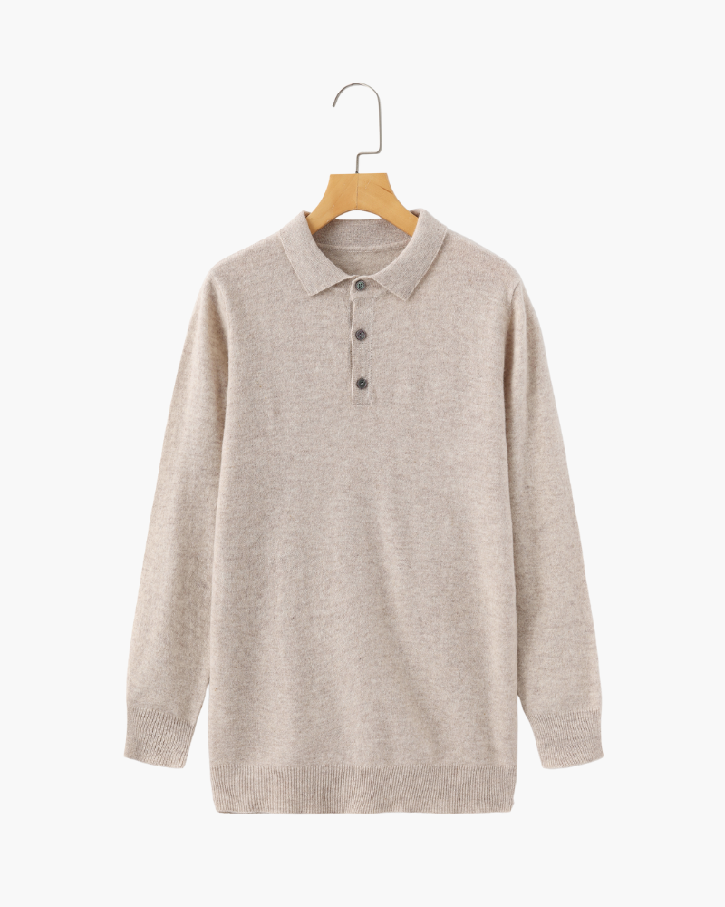 Men's Cashmere Long Sleeve Knit Polo with Button Placket - Beige