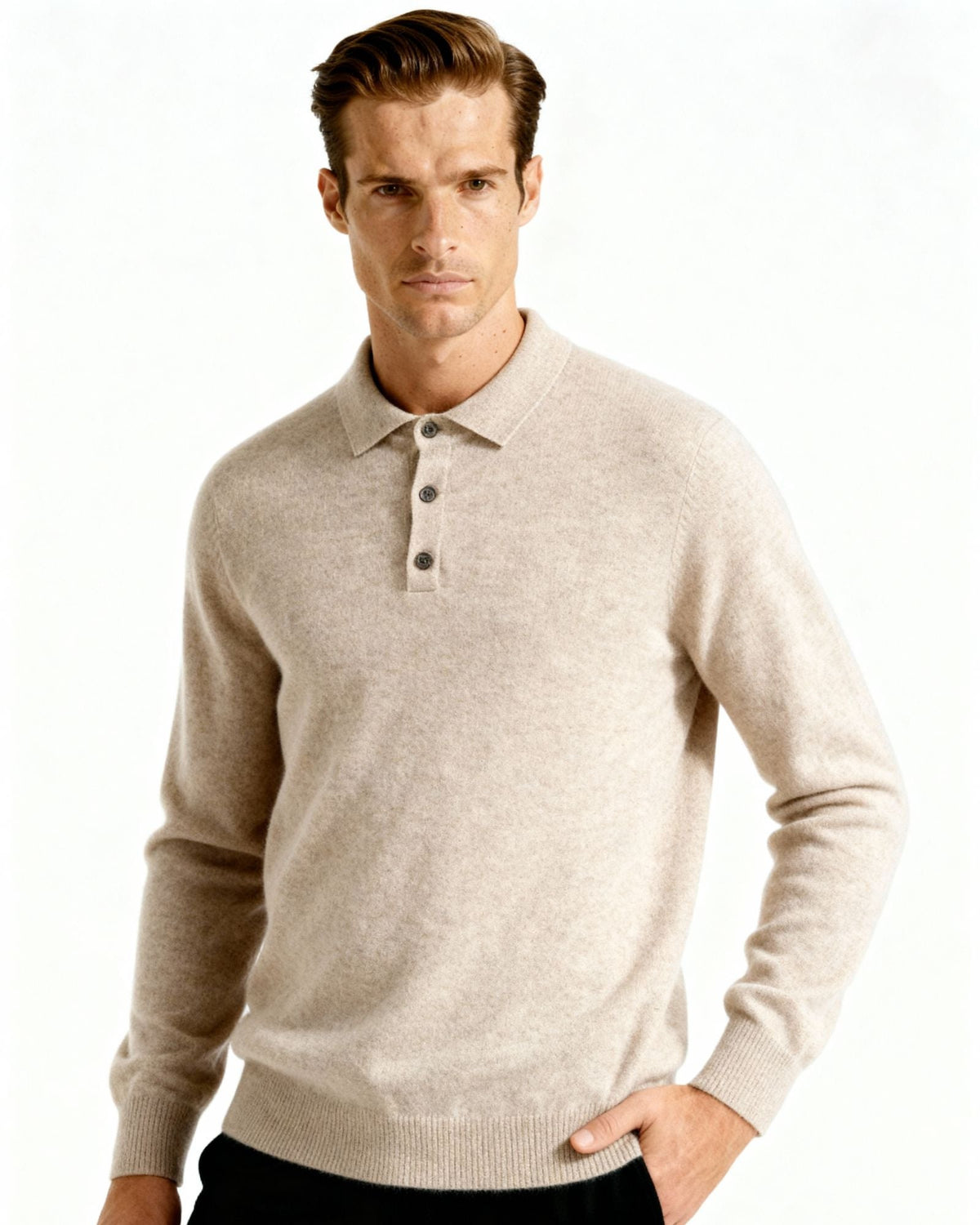 Men's Cashmere Long Sleeve Knit Polo with Button Placket