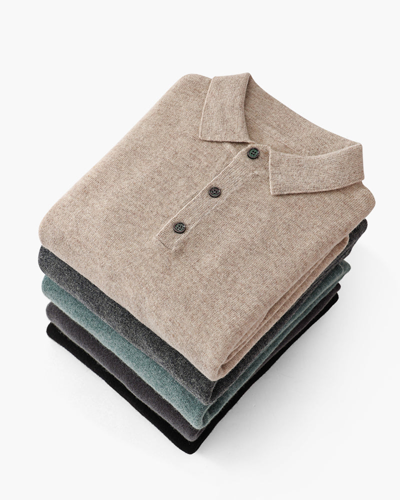 Men's Cashmere Long Sleeve Knit Polo with Button Placket