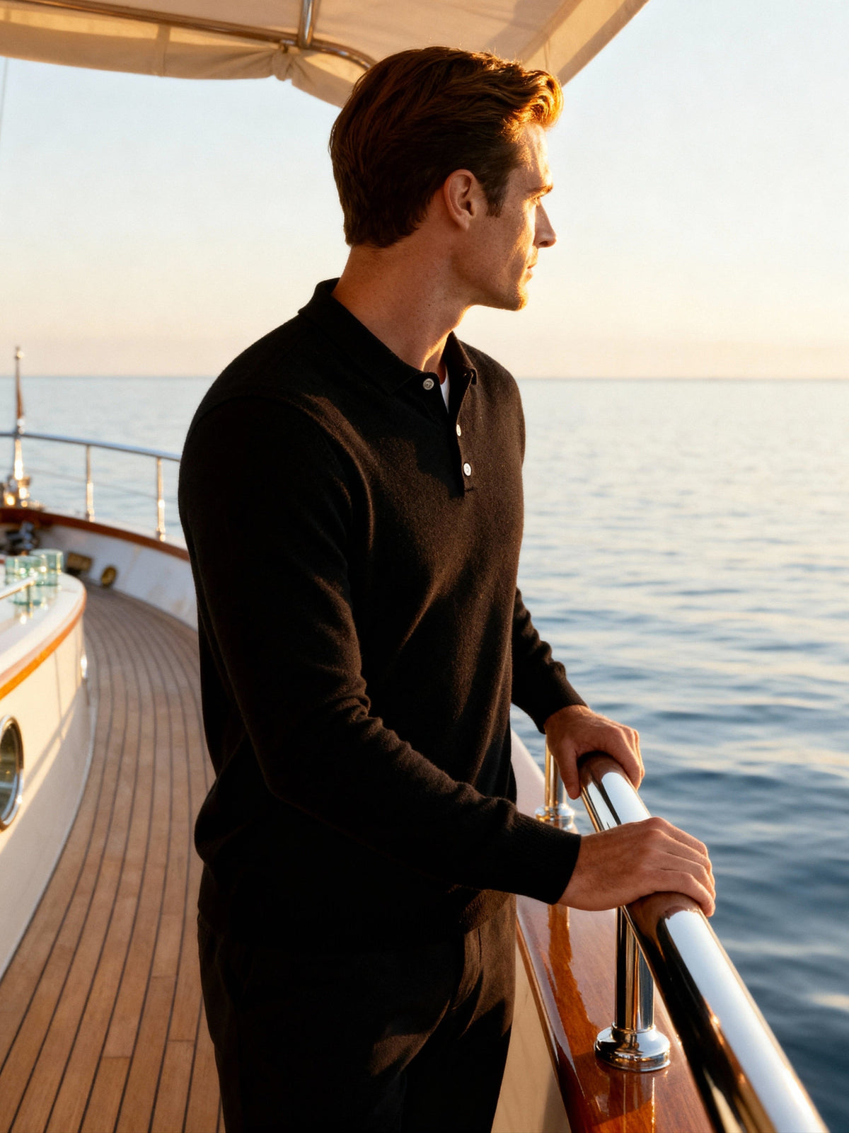 Men's Cashmere Long Sleeve Knit Polo with Button Placket