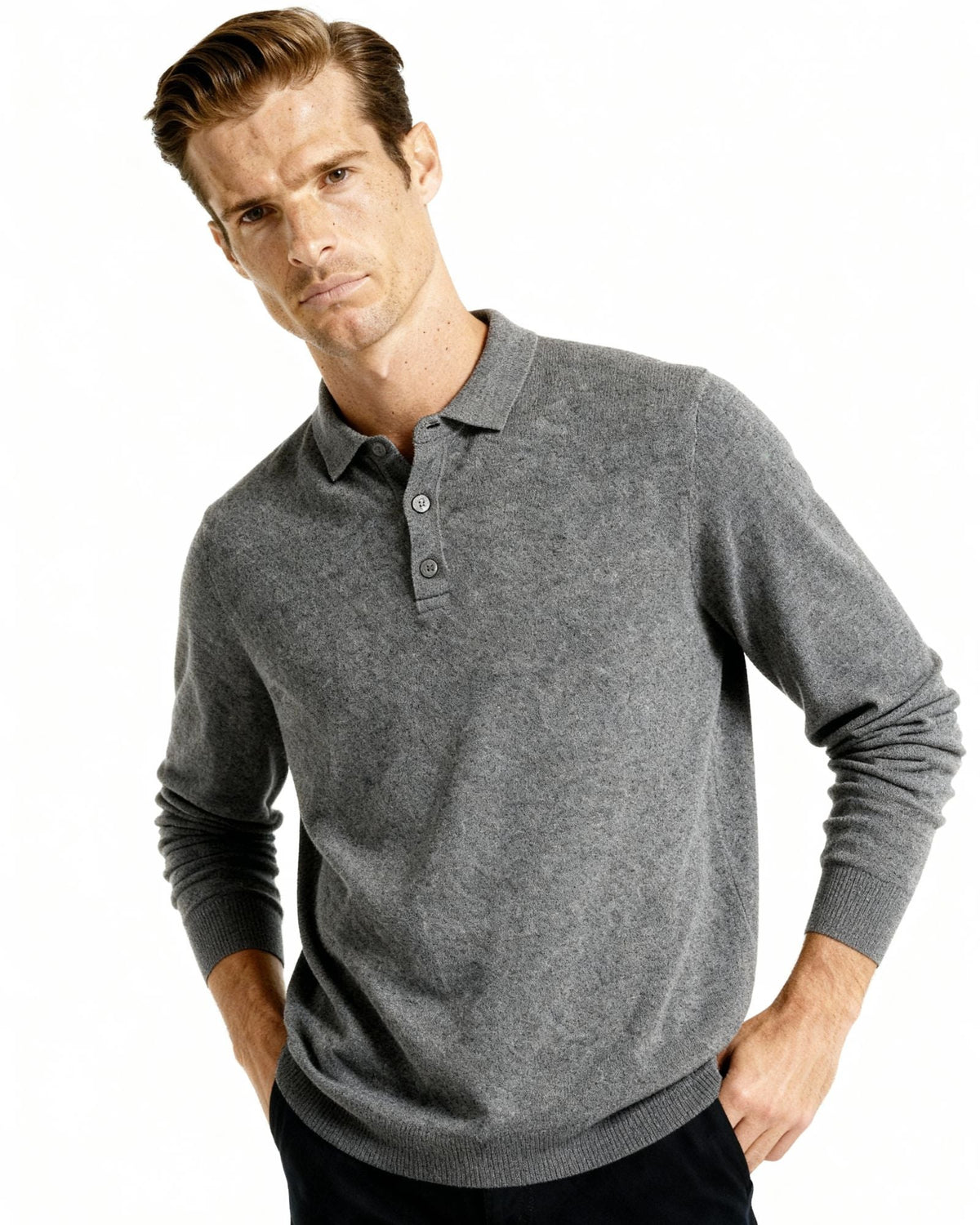 Men's Cashmere Long Sleeve Knit Polo with Button Placket