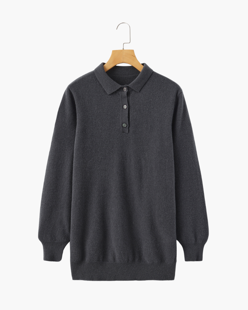 Men's Cashmere Long Sleeve Knit Polo with Button Placket - Dark Grey
