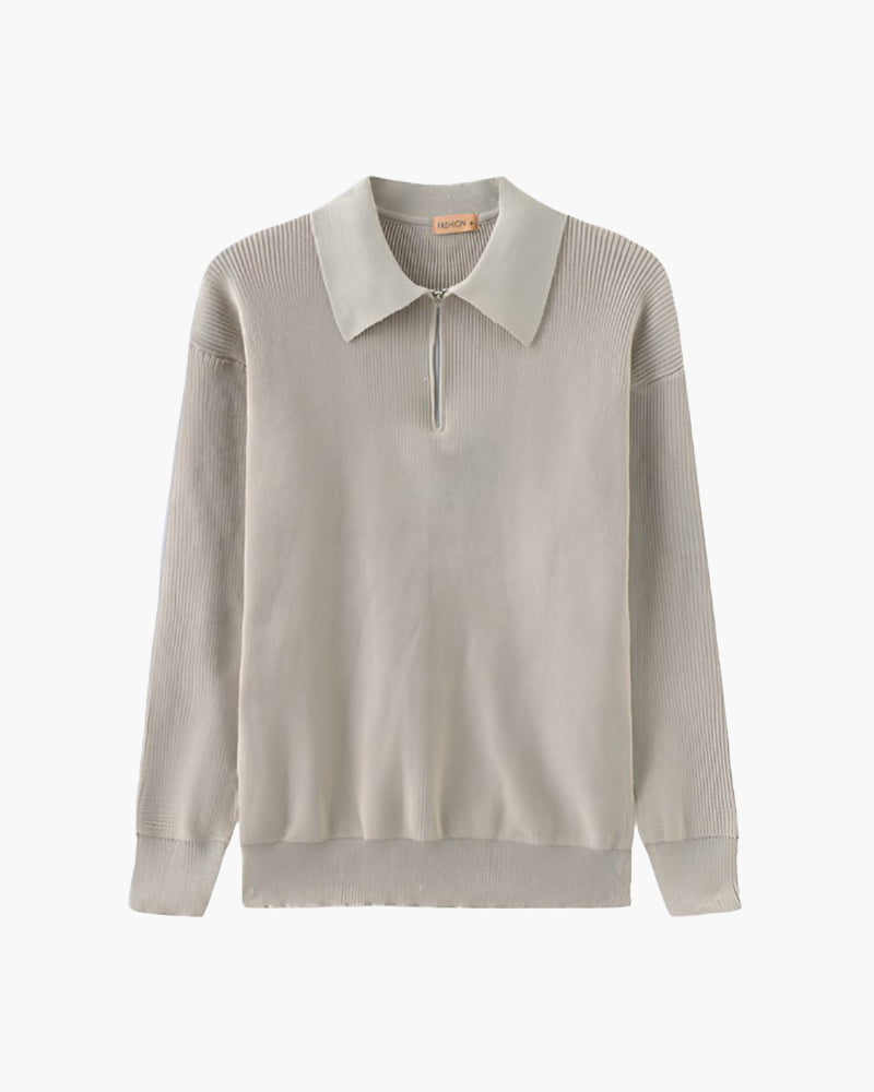 Men's Chunky Rib Knit Half-Zip Jumper with Mock Collar - Light Grey