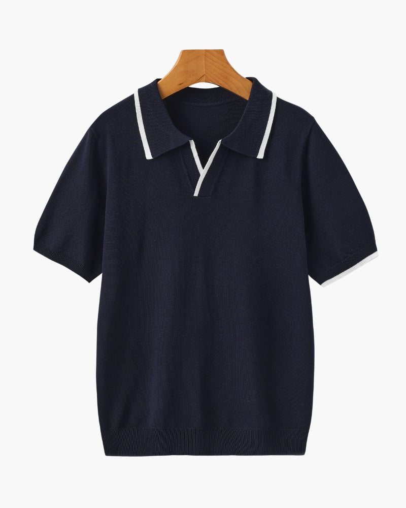 Men's Contrast Tipped Polo with Open Collar and Short Sleeves - Navy