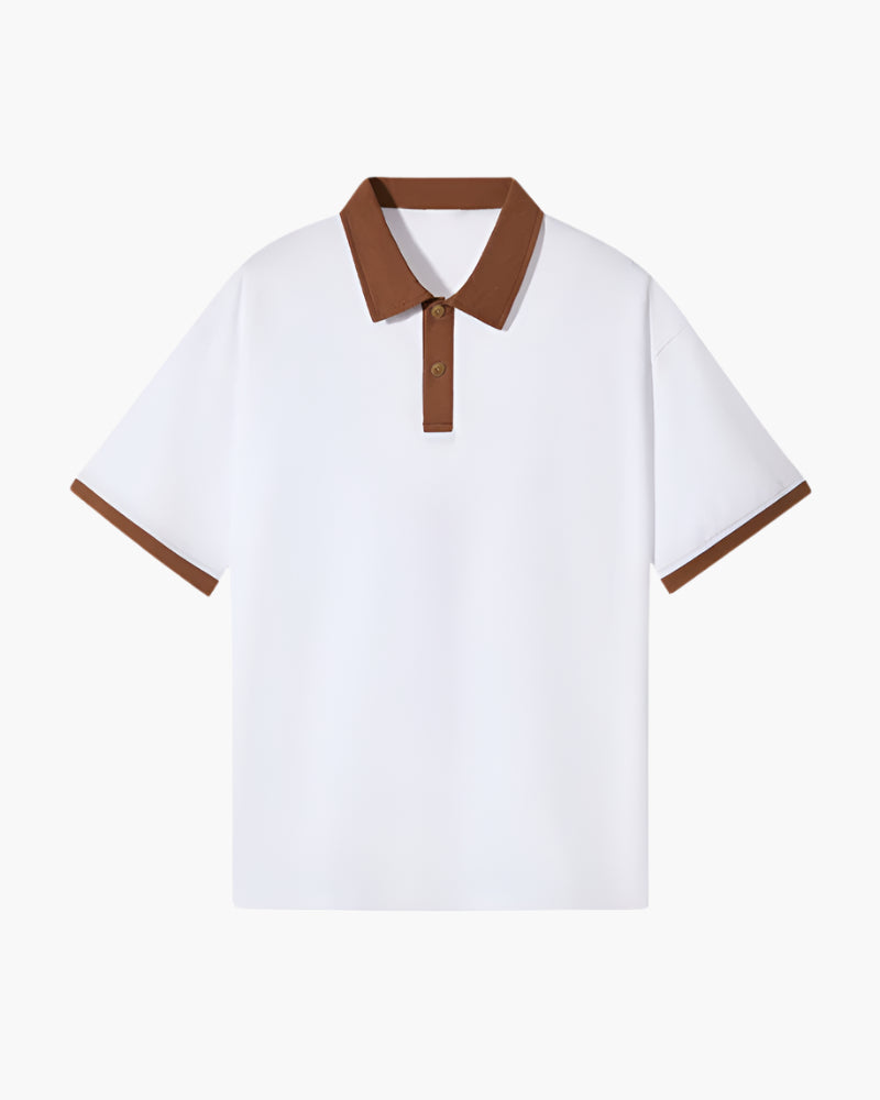 Men's Contrast Tipped Polo with Short Sleeves and Button Placket - Brown