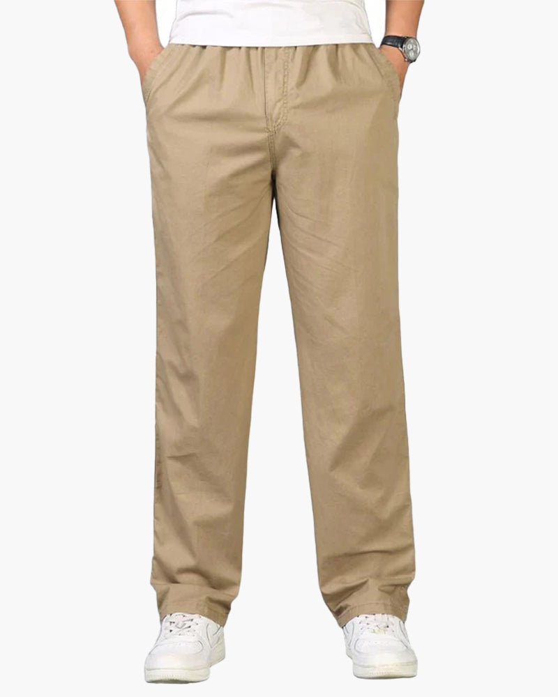 Men's Cotton Drawstring Trousers with Straight Leg - Khaki