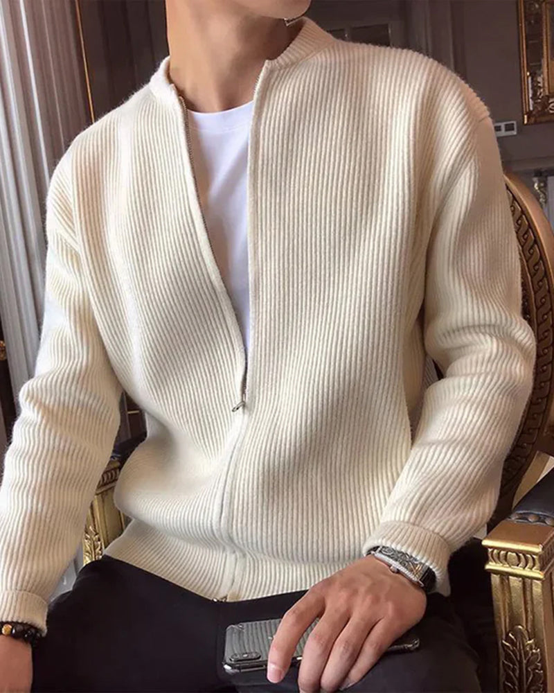 Men's Cotton Rib Knit Zip Cardigan with Stand Collar