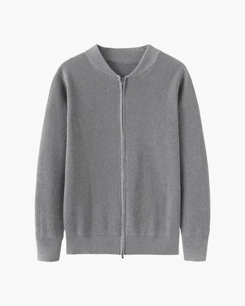Men's Cotton Rib Knit Zip Cardigan with Stand Collar - Grey