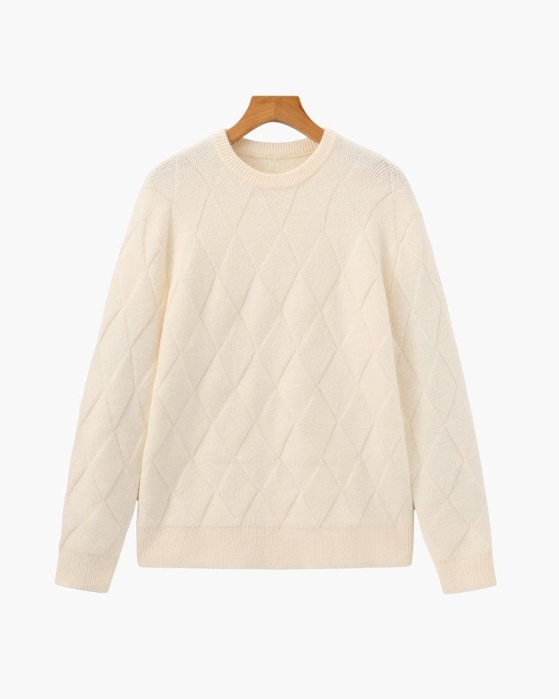 Men's Diamond Knit Crew Neck Jumper with Ribbed Trims - Beige