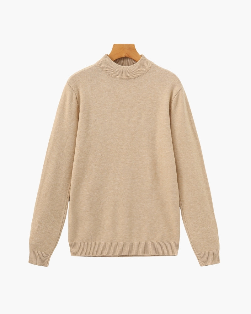 Men's Fine Rib Mock Neck Jumper with Slim Fit and Long Sleeves - Beige