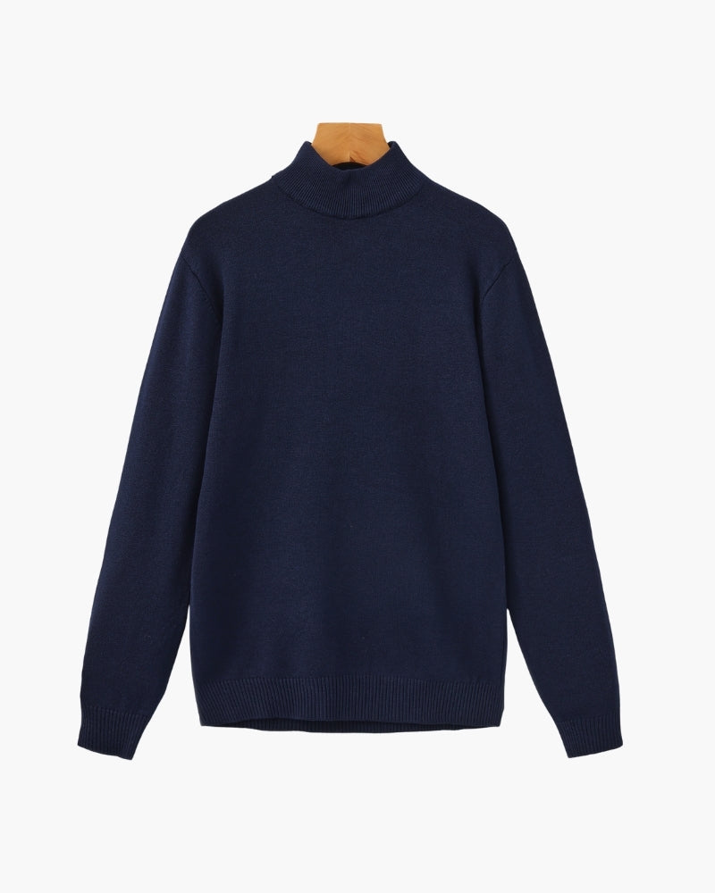 Men's Fine Rib Mock Neck Jumper with Slim Fit and Long Sleeves - Marine Blue