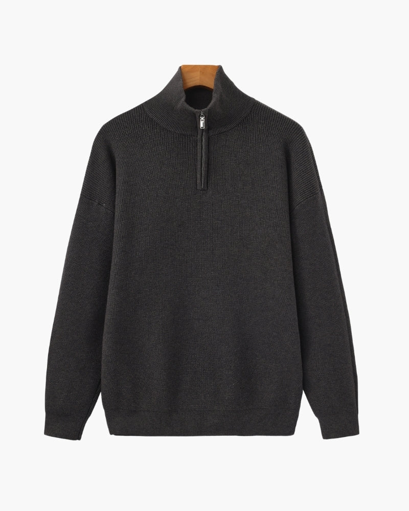 Men's Half-Zip Knit Pullover with Stand Collar and Ribbed Hem - Dark Grey