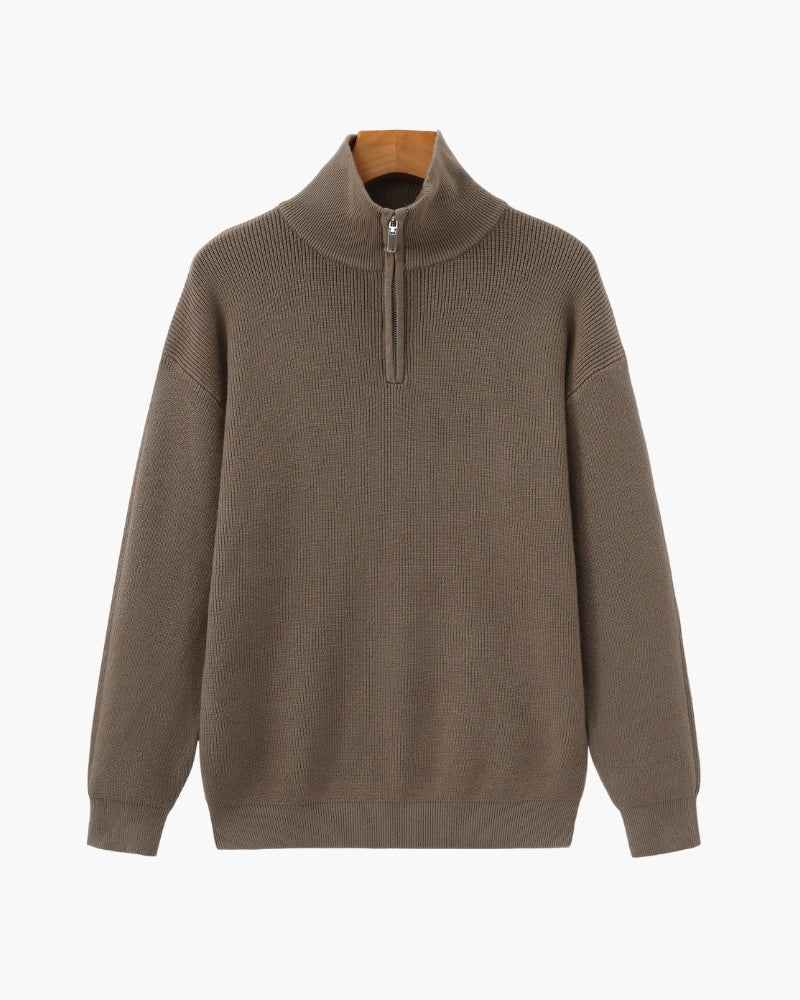 Men's Half-Zip Knit Pullover with Stand Collar and Ribbed Hem - Brown