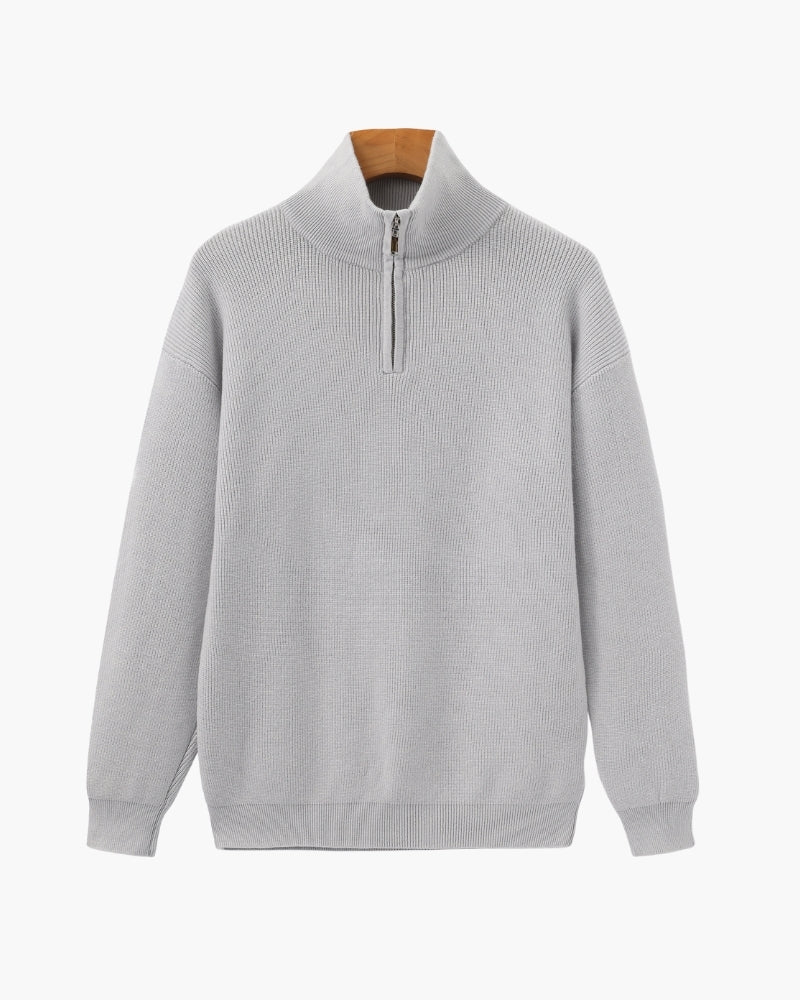Men's Half-Zip Knit Pullover with Stand Collar and Ribbed Hem - Grey