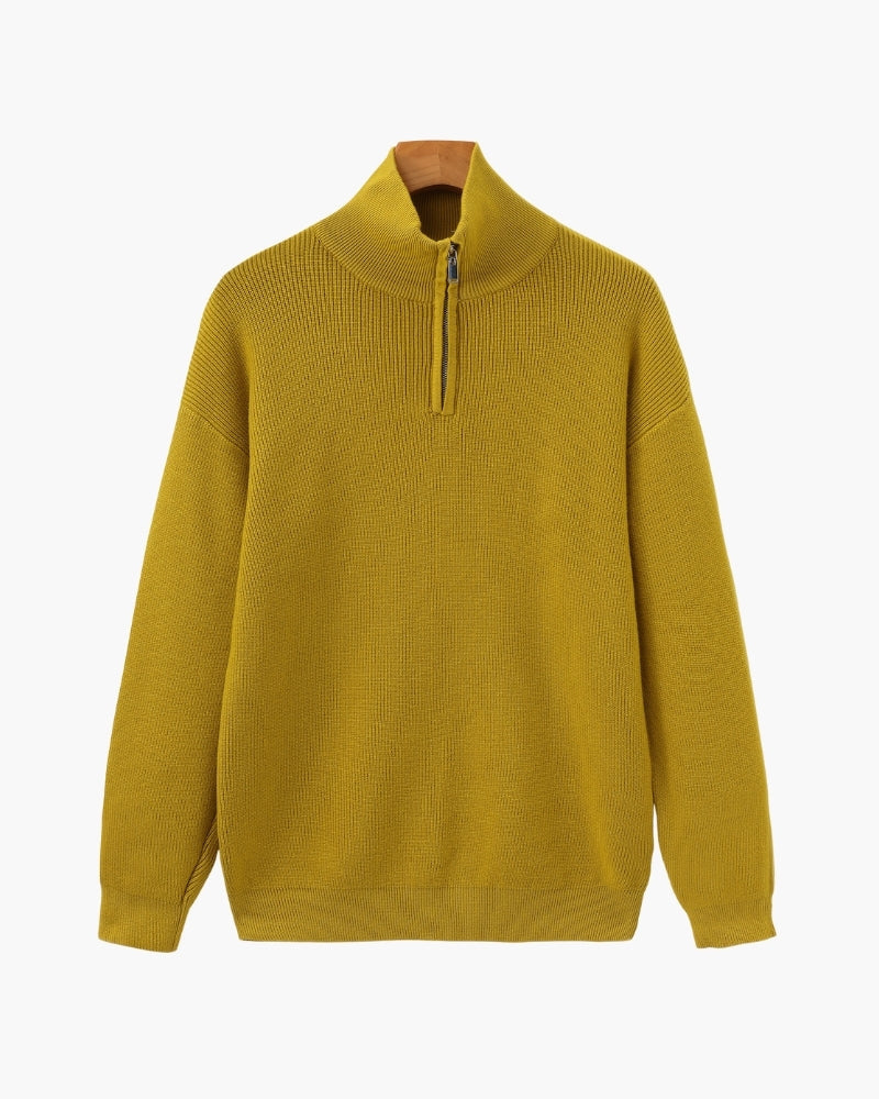 Men's Half-Zip Knit Pullover with Stand Collar and Ribbed Hem