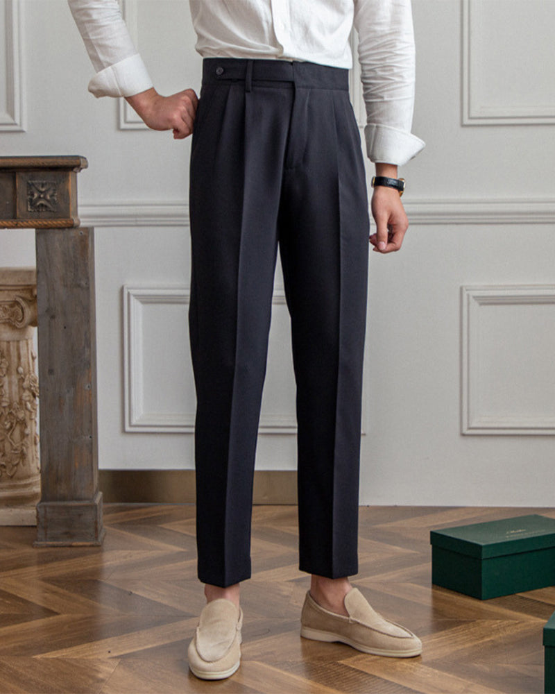 Men's High Waist Pleated Trousers with Tapered Leg