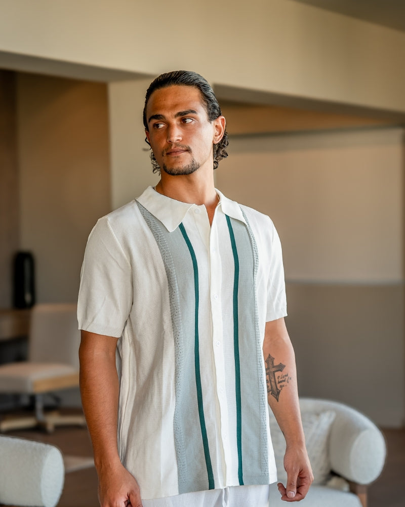 Men's Knit Polo with Vertical Stripe Panels and Button Placket