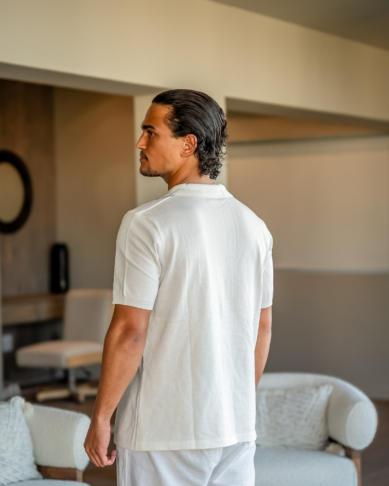 Men's Knit Polo with Vertical Stripe Panels and Button Placket
