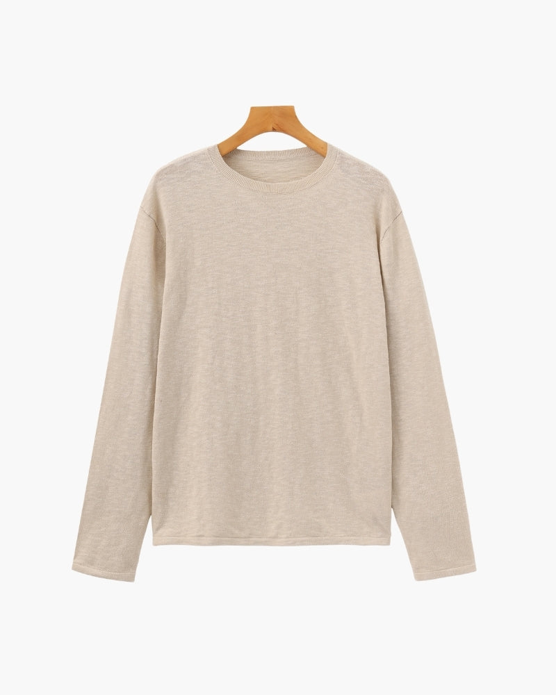 Men's Linen Cotton Long Sleeve Crew Neck Top with Relaxed Fit - Beige