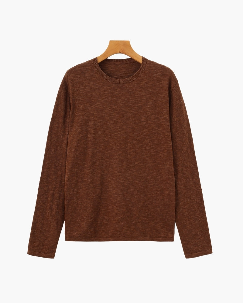 Men's Linen Cotton Long Sleeve Crew Neck Top with Relaxed Fit - Brown