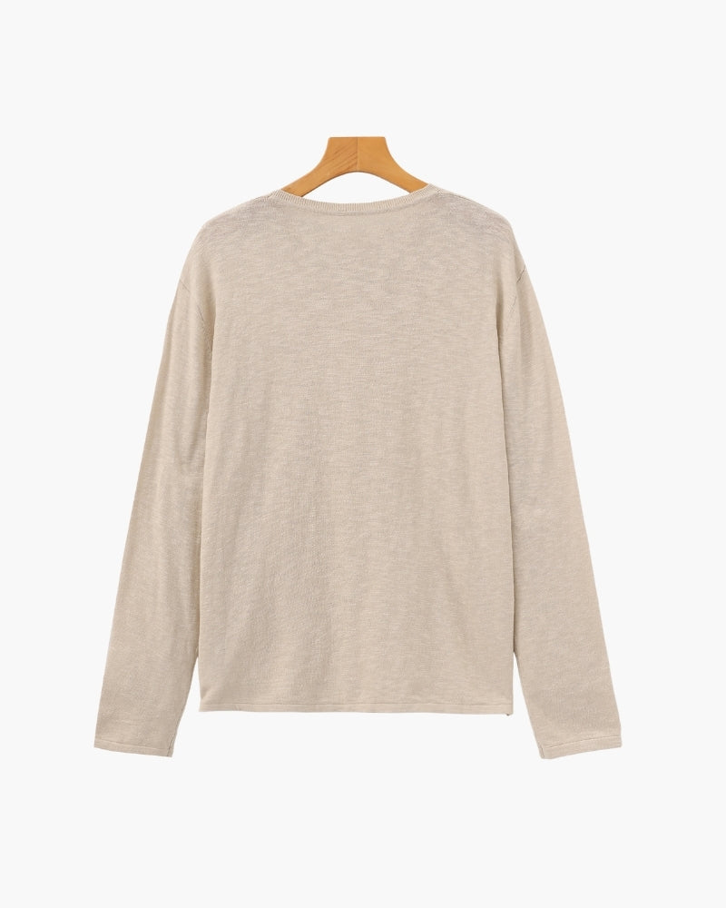 Men's Linen Cotton Long Sleeve Crew Neck Top with Relaxed Fit