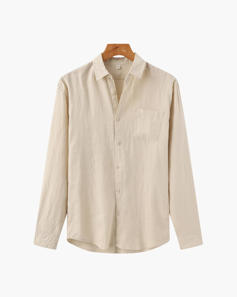 Men's Linen Long Sleeve Shirt with Chest Pocket - Beige