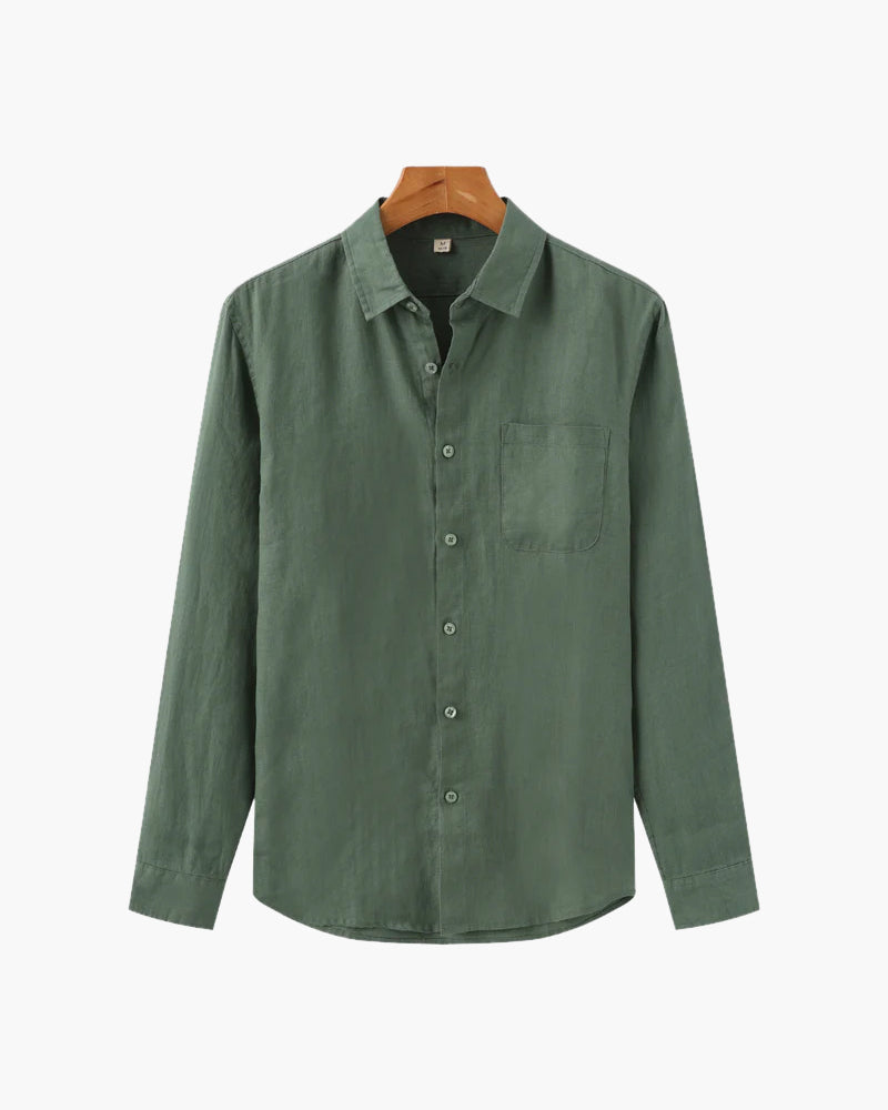 Men's Linen Long Sleeve Shirt with Chest Pocket - Green