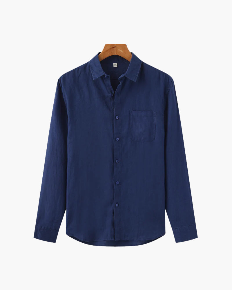 Men's Linen Long Sleeve Shirt with Chest Pocket - Blue