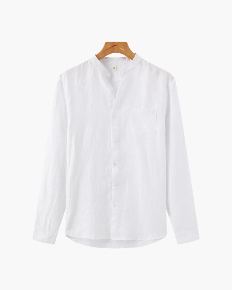 Men's Linen Long Sleeve Shirt with Chest Pocket - White