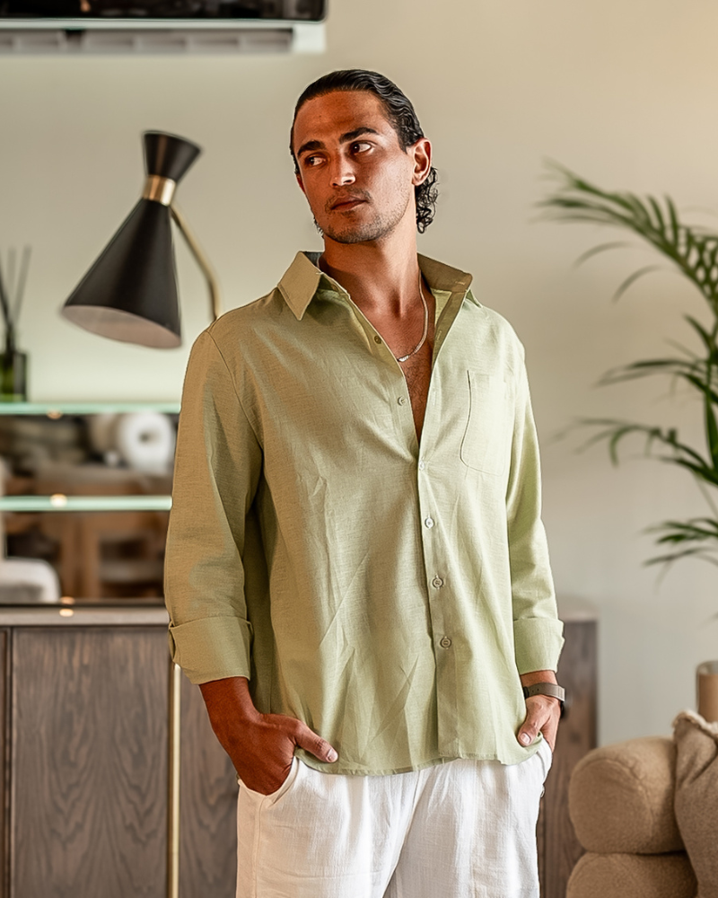 Men's Linen Long Sleeve Shirt with Chest Pocket