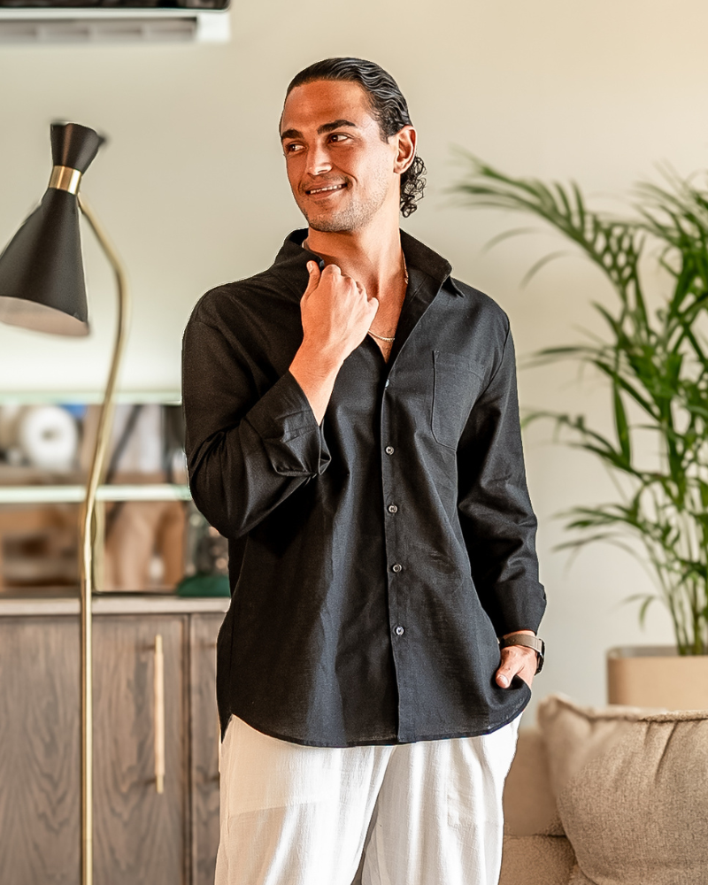 Men's Linen Long Sleeve Shirt with Chest Pocket