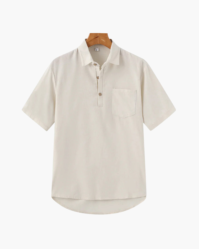 Men's Linen Polo Shirt with Chest Pocket and Short Sleeves - Beige