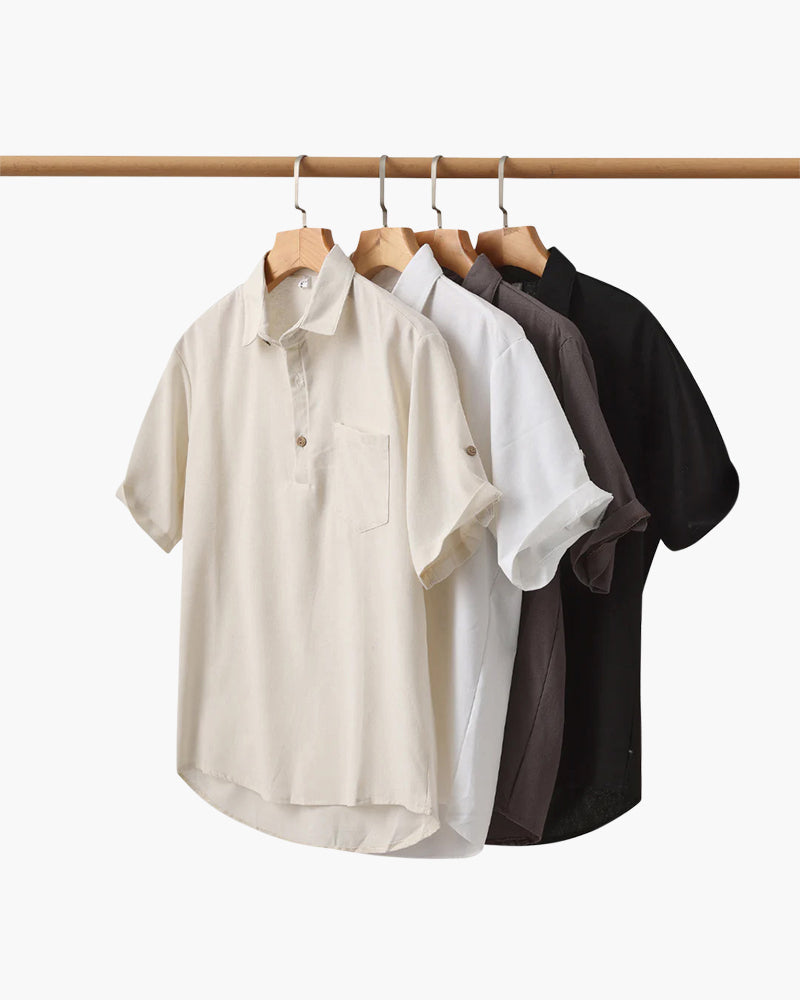 Men's Linen Polo Shirt with Chest Pocket and Short Sleeves