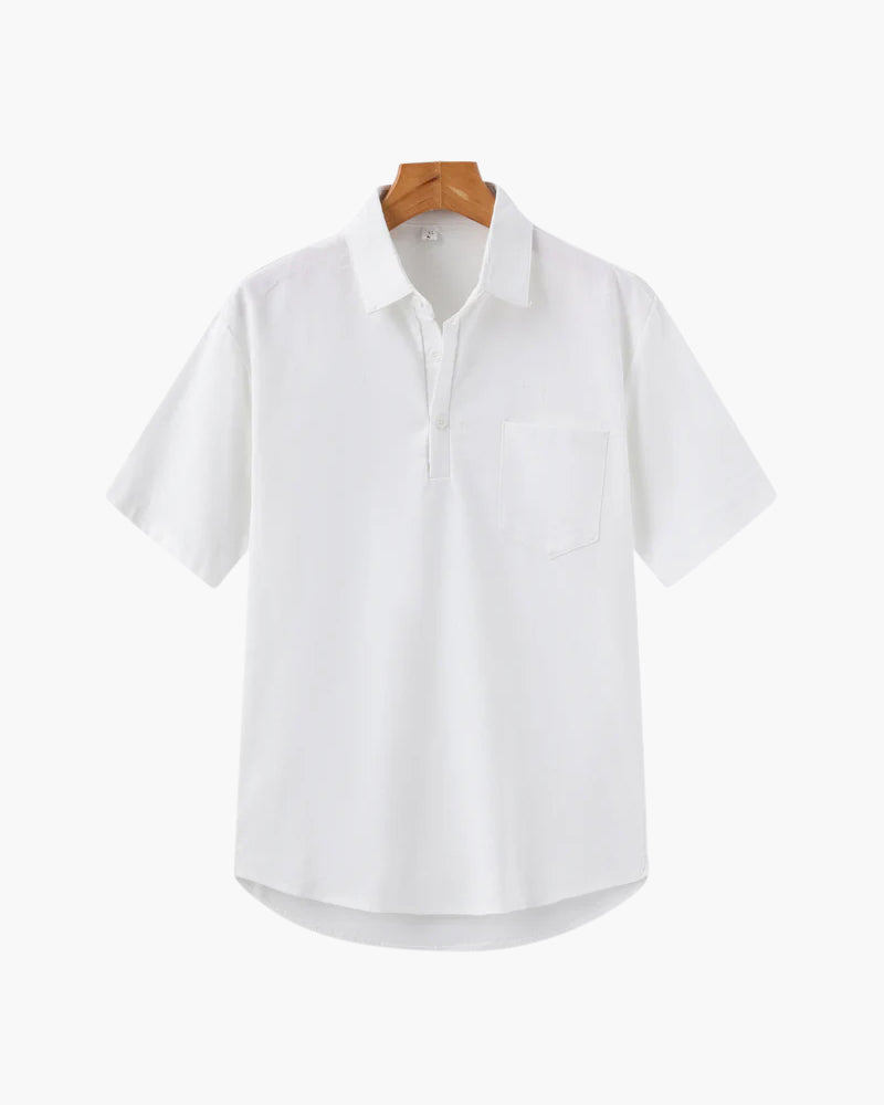 Men's Linen Polo Shirt with Chest Pocket and Short Sleeves - White