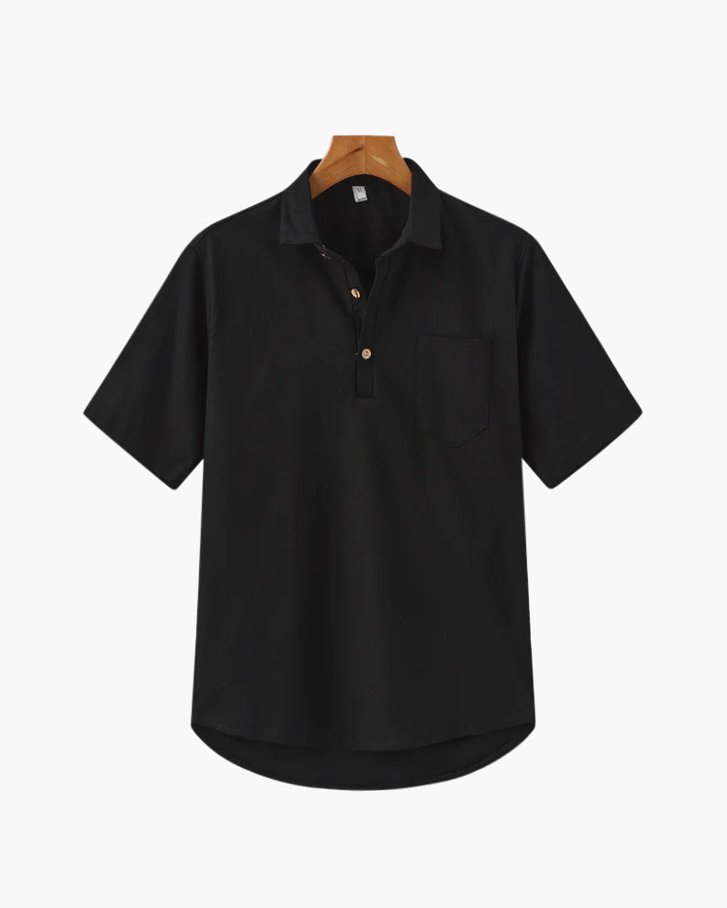 Men's Linen Polo Shirt with Chest Pocket and Short Sleeves - Black