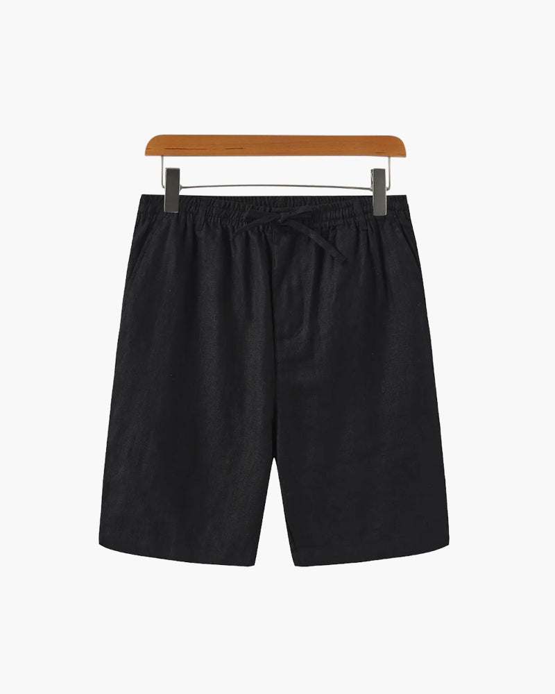 Men's Linen Shorts with Drawstring Waist and Side Pockets - Black