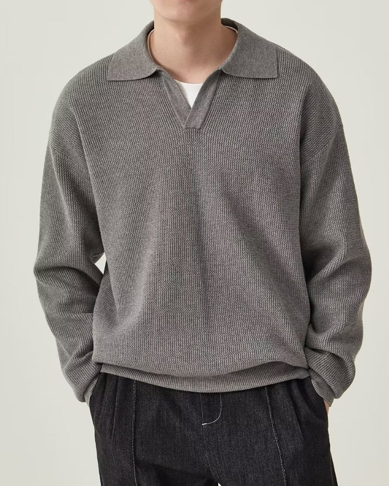 Men's Long Sleeve Knit Polo Jumper with Open Collar - Grey