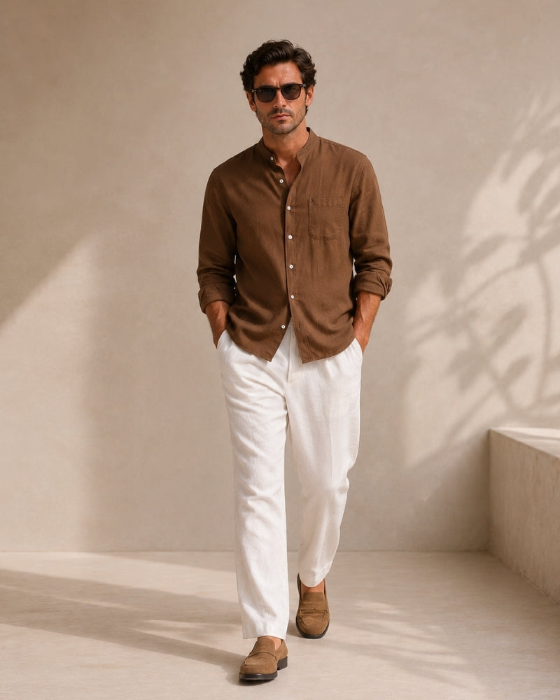Men's Mandarin Collar Shirt with Relaxed Fit and Long Sleeves