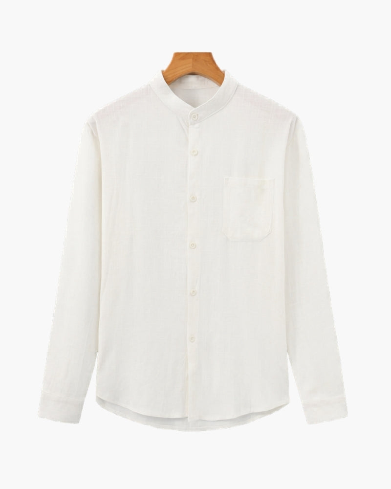 Men's Mandarin Collar Shirt with Relaxed Fit and Long Sleeves - White