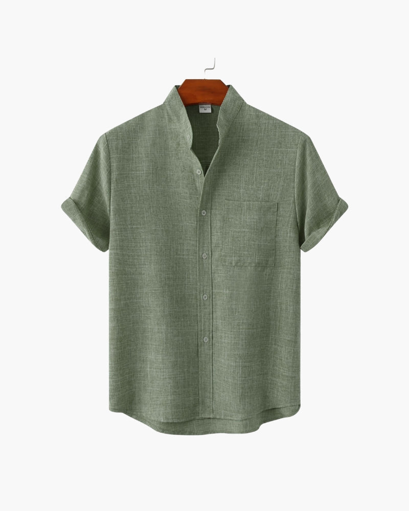 Men's Mandarin Collar Short Sleeve Shirt with Chest Pocket - Green