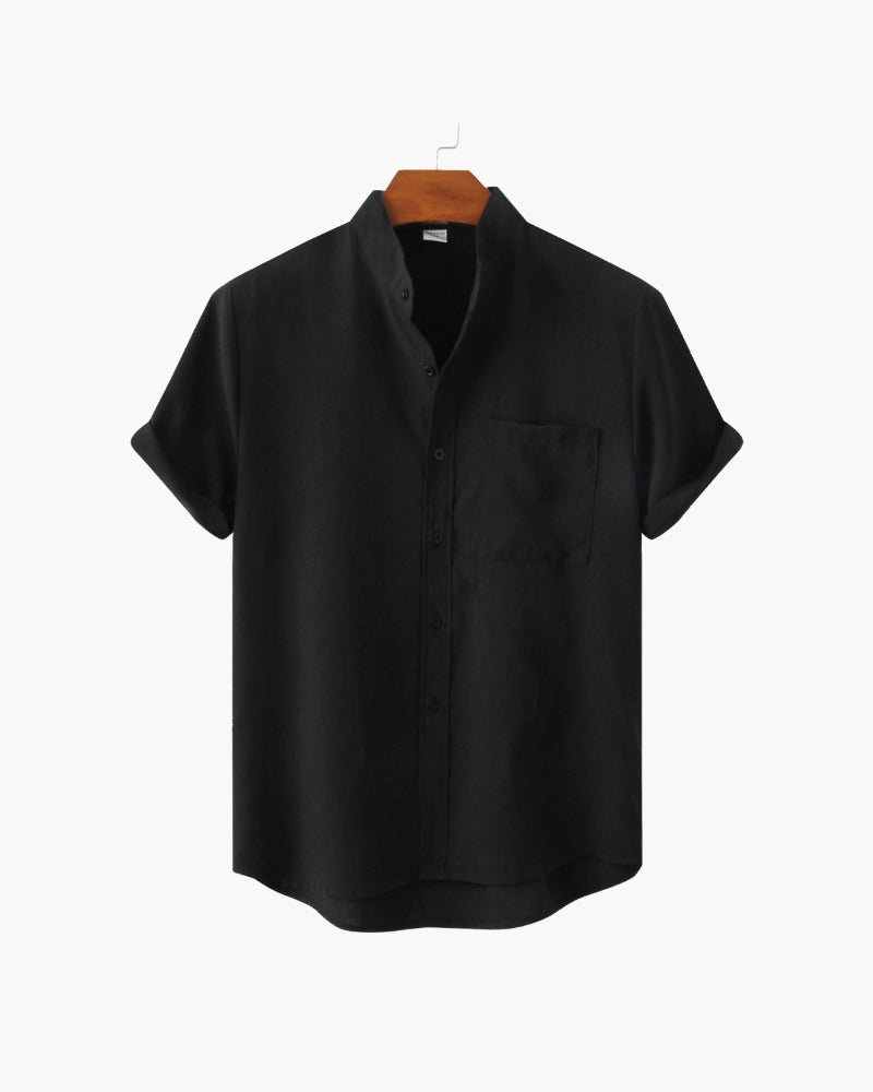 Men's Mandarin Collar Short Sleeve Shirt with Chest Pocket - Black