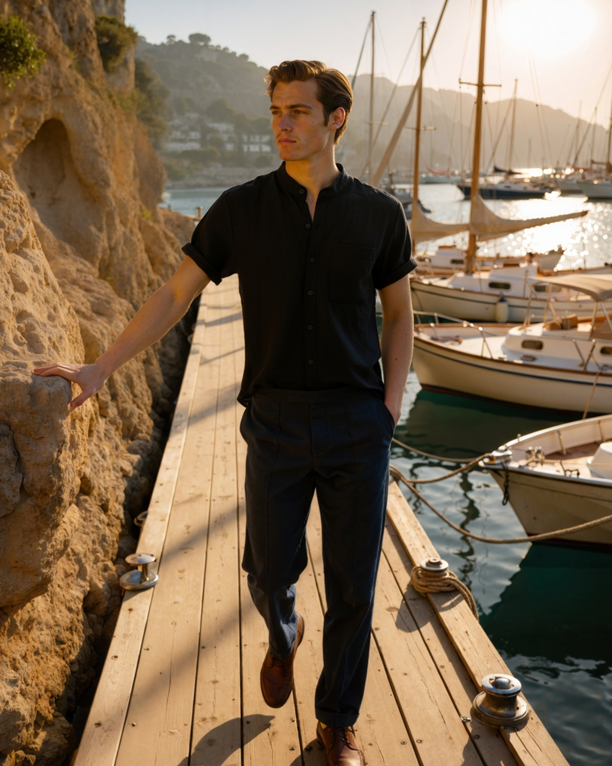 Men's Mandarin Collar Short Sleeve Shirt with Chest Pocket