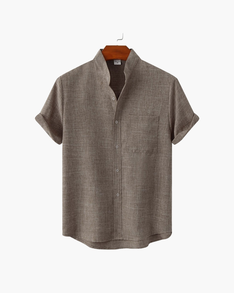 Men's Mandarin Collar Short Sleeve Shirt with Chest Pocket - Brown